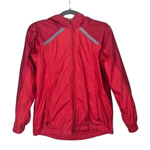 LL Bean Kids Red Hooded Jacket Fleece‎ Lined Reflective Stripes Size M (10-12)
